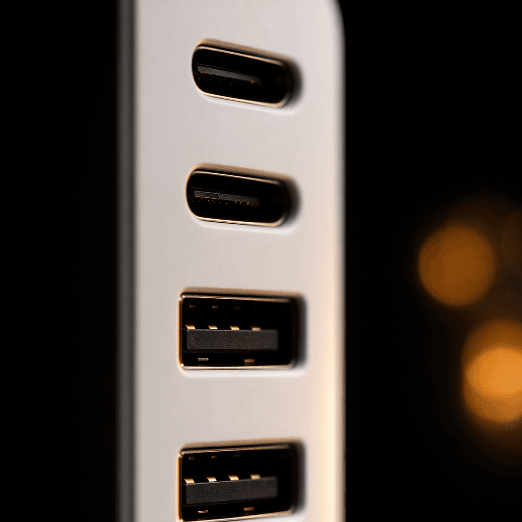 Front view of VoltArk's USB-C port array and universal AC outlet